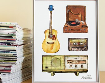 Watercolor Music Lovers Art Print: Vinyl Record Decorations, Musical Wall Decorations, Manly Man Cave Decoration, Boy Wall Decorating