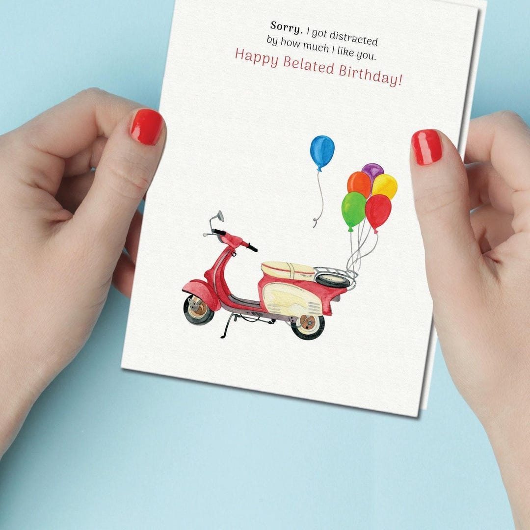 Happy Belated, Belated Birthday, Scooter Card, Watercolor Red Vespa ...
