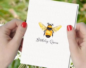 Bumble Bee Happy Birthday Card: Queen Bee Birthday Greeting Watercolor Bee Design