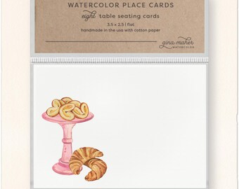 Pack of 8 Tea Party Place Cards: Watercolor French Pastries Design, Brunch Table Seating Cards