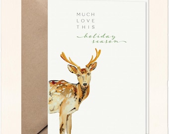 Carte de Noël aquarelle avec un cerf : voeux de Noël rustique avec un renne, notes d'animaux de la forêt