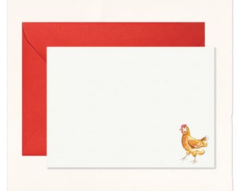 Handmade Watercolor Chicken Cotton Note Cards: Rooster Gift Stationery Set of 10