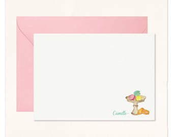 Personalized Stationery Set: Watercolor Macarons Design, Custom Thank You Notecards, Pastel Macarons Gift for Her, French Artful Aesthetic