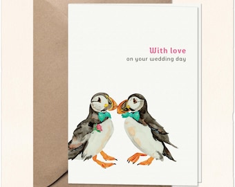 Watercolor Puffins Gay Wedding Card | Handmade Wedding Card Two Grooms | Gay Queer Wedding Card | LGBTQ Wedding Card Animals
