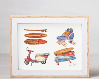 Watercolor Transportation Art Print: Room Decoration Boys, Artful Wall Decor, Boy Nursery Decor, Man Cave Decorating