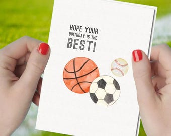 Handmade Watercolor Sports Birthday Card: Soccer, Baseball, Basketball