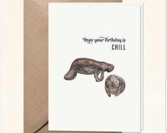 Handmade Sea Animals Birthday Card: Watercolor Manatee Illustration, Happy Birthday Greeting