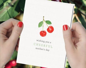 Watercolor Cherries Mother's Day Card: Handmade Cherry Card for Mom, Minimalist Design, Cotton Paper Greeting