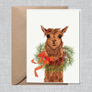 Kerstkaart in doos met lama | Boerenkerstkaart | Aquarel kerstkaarten blanco | Grappige kerstkaart alpaca | Dozen kerstkaarten
