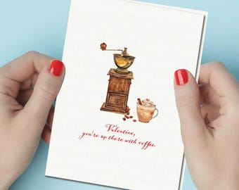 Cafe Valentine Card: Vintage Coffee Grinder Design, Happy Valentines Day Greeting