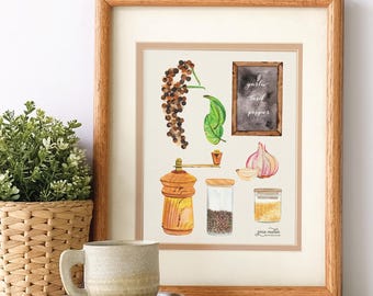 Watercolor Kitchen Wall Art: Herbs and Spices Wall Decor, Trendy Artful Print, Modern Farmhouse Art, Dining Rooms Decor