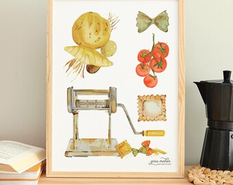 Watercolor Kitchen Wall Art: Pasta Wall Decor, Trendy Artful Print, Modern Farmhouse Art, Dining Rooms Decor