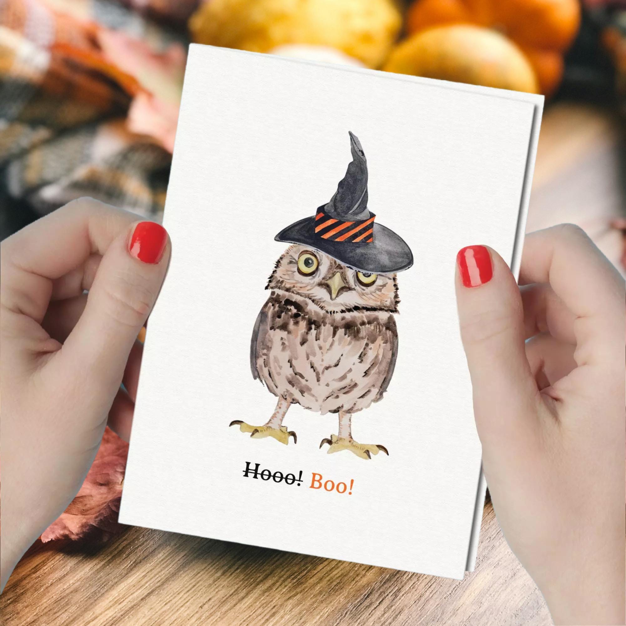Funny Halloween Owl Card: Watercolor Witch Illustration, Handmade