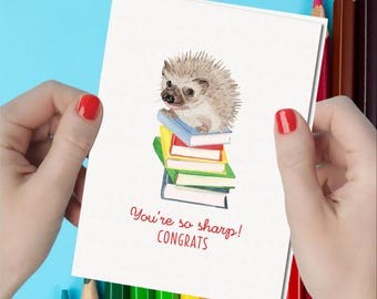 Elementary Graduation Congratulation Card: Watercolor Hedgehog Greeting, Funny Graduation Card for Gift