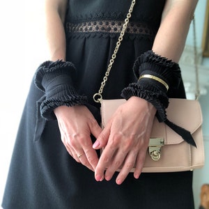 BLACK RUFFLE CUFFS /Detachable cuffs/Black cuffs/Pleated cuffs/Textile bracelet/Contemporary accessories/Fashion trend/Victorian cuffs/ image 4