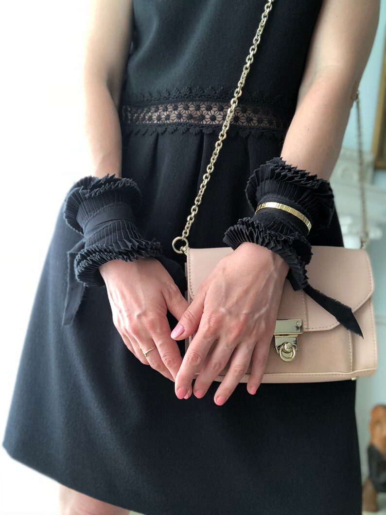 BLACK RUFFLE CUFFS /Detachable cuffs/Black cuffs/Pleated cuffs/Textile bracelet/Contemporary accessories/Fashion trend/Victorian cuffs/ image 4