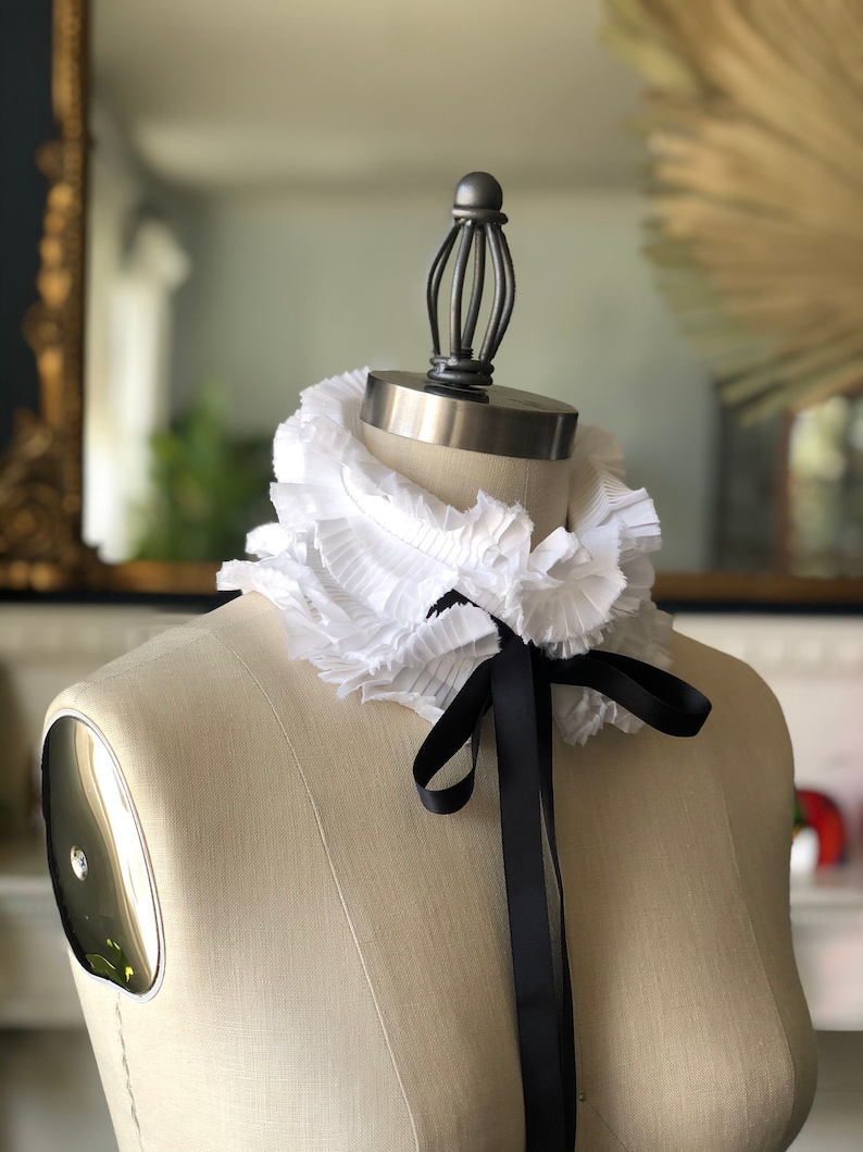 WHITE Detachable COLLAR/Hand Pleated Collar/VICTORIAN collar/Black and White/Neck piece/French collar/Ascot collar image 8