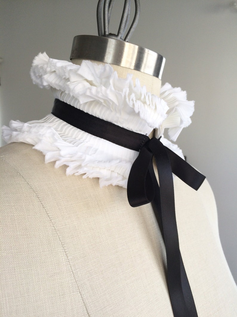 WHITE Detachable COLLAR/Hand Pleated Collar/VICTORIAN collar/Black and White/Neck piece/French collar/Ascot collar image 1