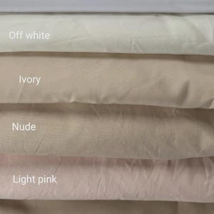 May include: Image of fabric swatches in six different colours. The shades vary from bright white to beige. The labels read: bright white, off white, ivory, nude, light pink, and beige.