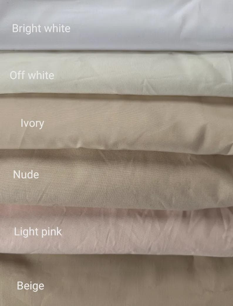 May include: Image of fabric swatches in six different colours. The shades vary from bright white to beige. The labels read: bright white, off white, ivory, nude, light pink, and beige.
