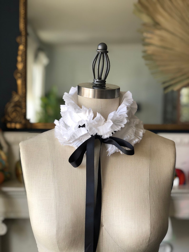 WHITE Detachable COLLAR/Hand Pleated Collar/VICTORIAN collar/Black and White/Neck piece/French collar/Ascot collar image 7