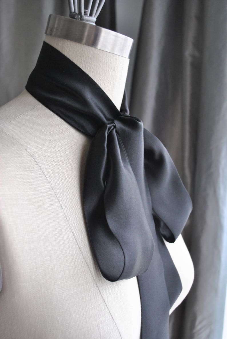 Black Silk Charmeuse Unique neck tie/Silk satin Bow/Black bow tie/Silk satin scarf/Silk narrow scarf/Bow waist/Bow belt/Pussy bow tie image 3