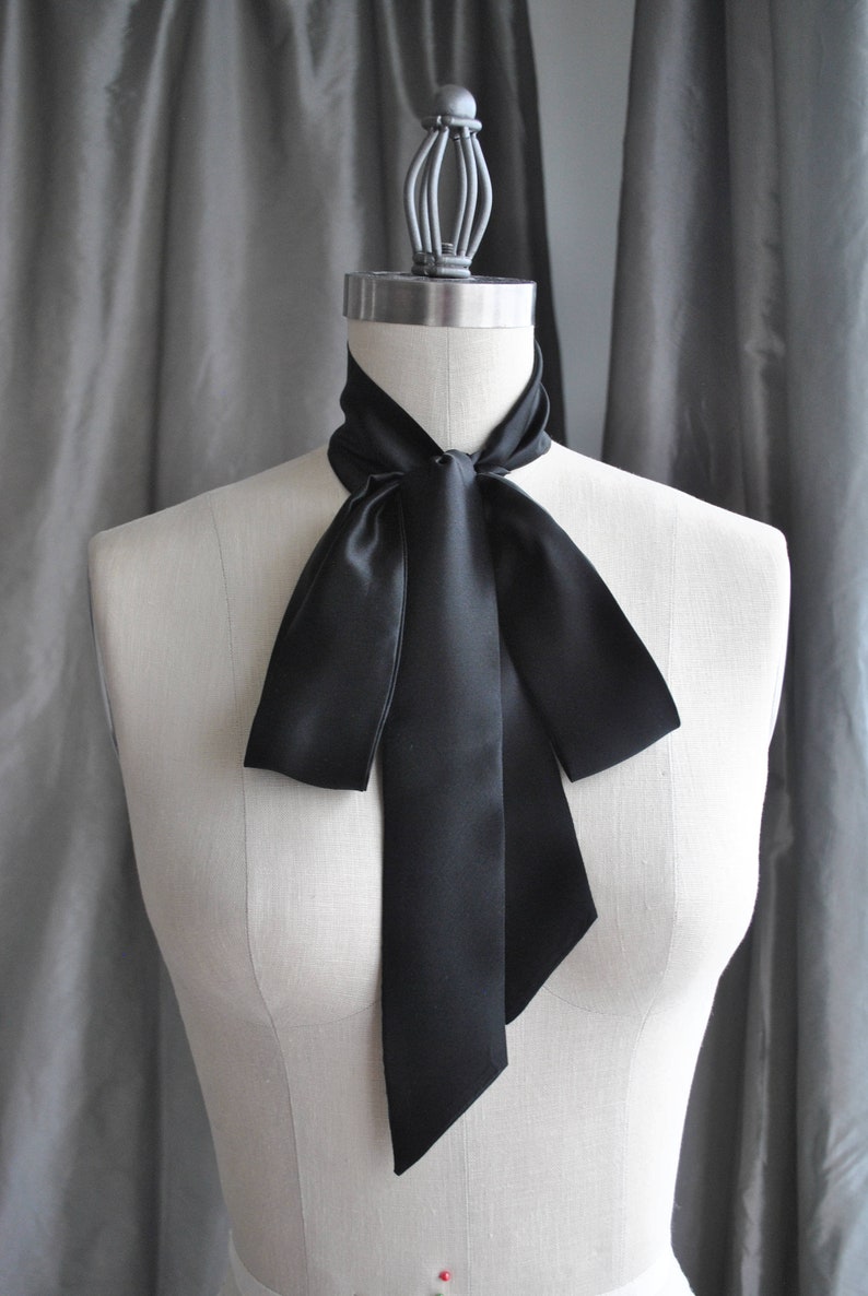 Black Silk Charmeuse Unique neck tie/Silk satin Bow/Black bow tie/Silk satin scarf/Silk narrow scarf/Bow waist/Bow belt/Pussy bow tie image 1