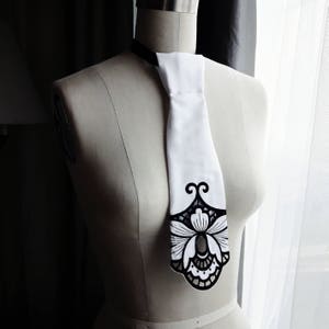 EMBROIDERED TIE/White and Black/ Cutwork tie/Fashion details/Black tie/ Woman tie /Tie necklace / marinaasta