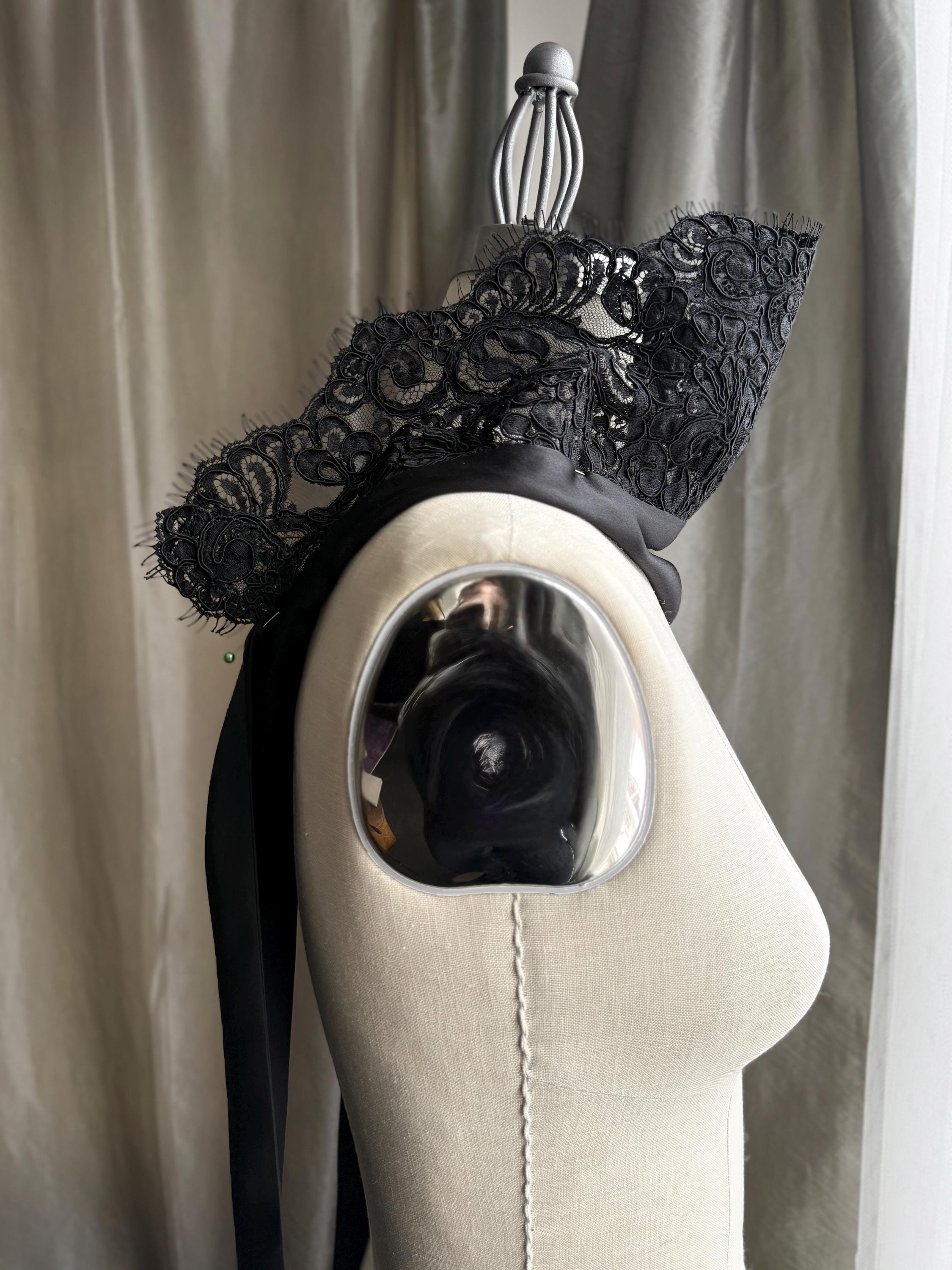 Silk and lace designer scarf/ Dramatic silk and lace statement scarf- black/ Silk narrow scarf/ Lace scarf