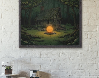 Moody Forest Cottage Art Print: Dark Cottagecore Decor (Digital Download)
