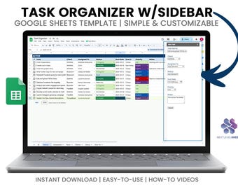 May include: A screenshot of a Google Sheets template for task organization. The template includes a sidebar for adding new tasks and a main spreadsheet with columns for task name, client, assigned to, status, due date, due in, priority, and notes. The template is labeled "Task Organizer w/Sidebar - Google Sheets Template | Simple & Customizable".
