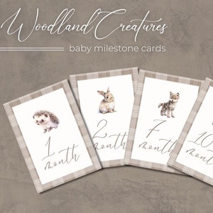 Cartes jalons bébé créatures des bois en téléchargement numérique, cartes jalon animaux, jalon aquarelle, cadeau créature des bois, baby shower