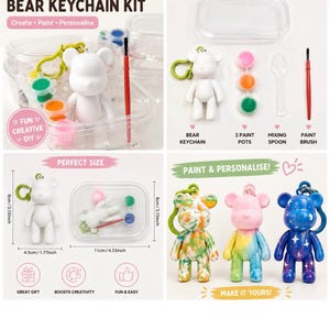 May include: A paint your own bear keychain kit including a white bear figurine, three paint pots, a mixing spoon, and a paintbrush in a clear container. The kit measures 8 cm in height and 4.5 cm in width, with an 11 cm container.