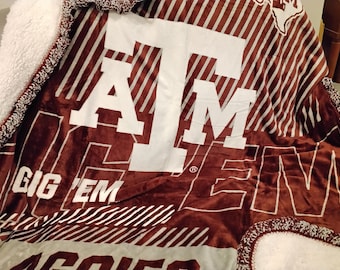 Texas A&M University. Aggie - Oversize Reversible Cloud Sherpa Throw Blanket - Maroon, Gray, White with Crochet Super Ruffle Edge. Gig 'Em