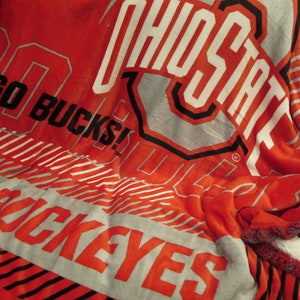 Ohio State Buckeyes - Oversize Reversible Cloud Sherpa Throw Blanket - Scarlet Red, and Gray with Crochet Super Ruffle Edge