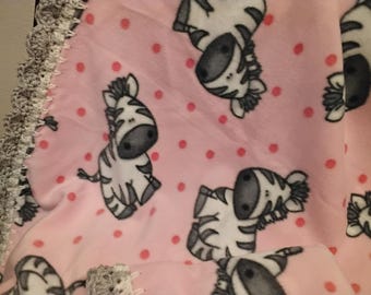 Baby Blanket Girl Gift Pink Fleece With Black And White Zebras With Bright Pink Shell Crochet Edge