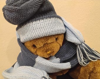 Scarf and Hat Set - Two Layer - Reversible Beanie - Blue (Light), Baby, Navy Color Block - Warm Winter Knit - Large