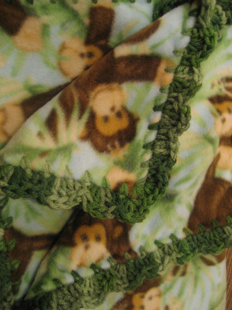 Fleece With Jungle Monkeys Boy Baby With Green Shell Crochet Edge Baby Blanket