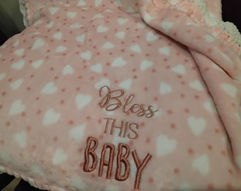 Bless This Baby! Plush Baby Blanket With Crochet Shell - polyester plush - Baby Girl - Pink, White