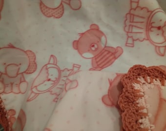 Baby Blanket With Crochet Pink Shell Ruffle - Girl - Pink Animals - Sheep, Elephant, Bear, Rabbit