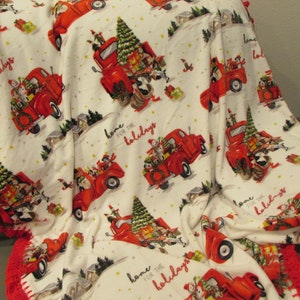 Christmas Velvet Plush Throw Blanket - Christmas Tree Pickup Green Red with Crochet Edge