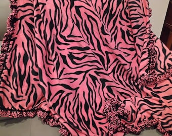 Zebra Striped Fleece Throw Blanket - Black and Pink with Crochet Edging