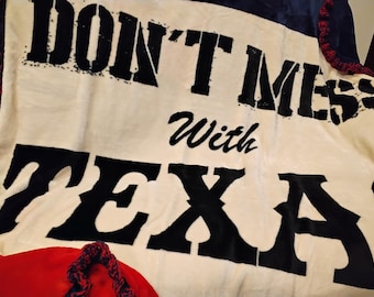 Don't Mess With Texas Reversible Plush Throw Blanket - Red, White & Blue Super Ruffler Crochet Edge
