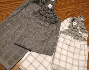 Set of 2 Hanging Kitchen Dish Towels with Tops Towel Set Gray, White Crochet Handmade