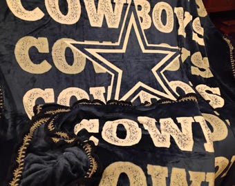 Dallas Cowboys, Texas - Oversize Reversible Compact Travel Throw Blanket - Blue, White with Crochet Super Ruffle Edge NFL Football