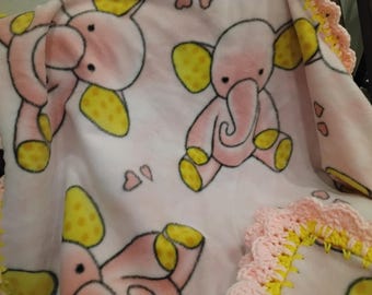 Baby Blanket With Crochet Yellow & Pink Shell Ruffle - Girl - Pink Elephants