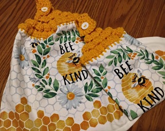 Bee Kind Honey Bees Hanging Kitchen Dish Towels with Crochet Tops Towel Set Yellow, Black, Gold Handmade
