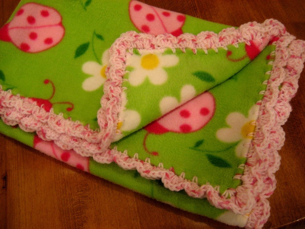 Baby Blanket With Crochet Pink Shell Ruffle - Girl - Bright Lime