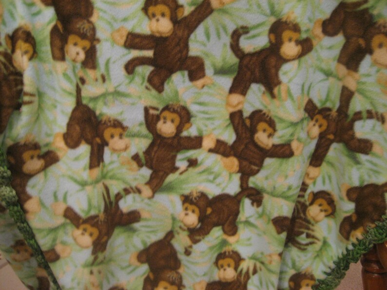Fleece With Jungle Monkeys Boy Baby With Green Shell Crochet Edge Baby Blanket