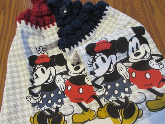 Mickey Mouse Minnie Mouse 2 Hanging Kitchen Dish Towels With Tops Towel Set  Red Blue Crochet Handmade 